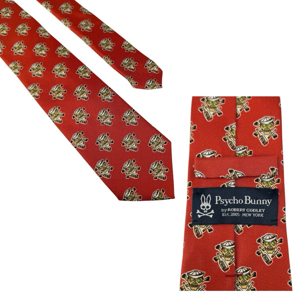 Psycho Bunny Robert Godley Mens Silk Tie - Red Tie - Dead Sailor Cross Bone AOP